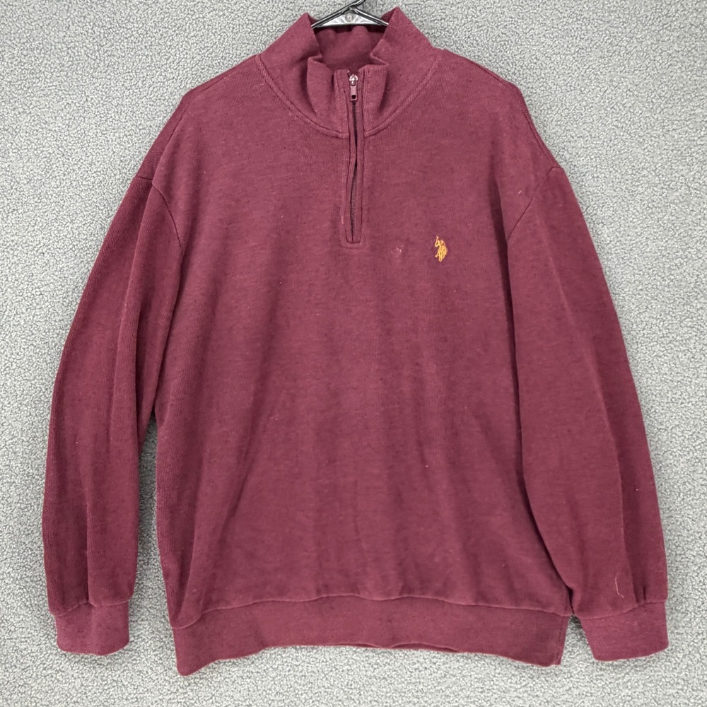 US Polo Assn Mens 2XL Burgundy Maroon Ribbed Quarter Zip Pullover Sweater
